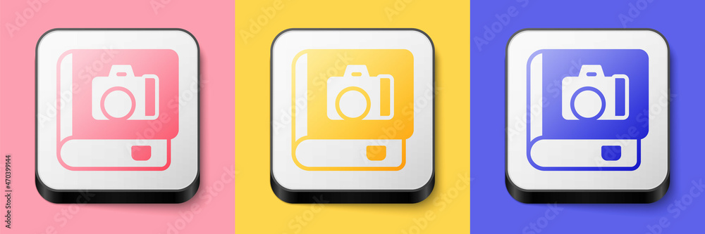Isometric Photo album gallery icon isolated on pink, yellow and blue background. Square button. Vector Isometric Photo album gallery icon isolated on pink, yellow and blue background. Square button. Vector