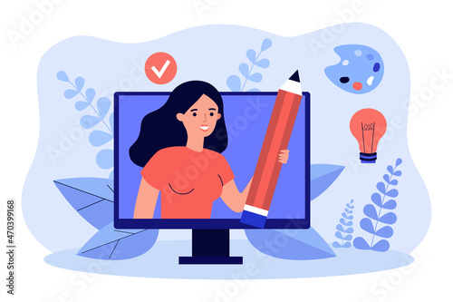 Distance drawing course with female artist. Woman on computer screen holding pencil flat vector illustration. Art master class online, hobby concept for banner, website design or landing web page
