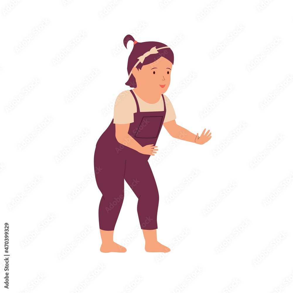 Cartoon little girl. Cute baby learning to walk. Minimalistic style happy daughter standing in funny pose. Innocence kid in jumpsuit. Human age and child growth step. Vector childhood Cartoon little girl. Cute baby learning to walk. Minimalistic style happy daughter standing in funny pose. Innocence kid in jumpsuit. Human age and child growth step. Vector childhood