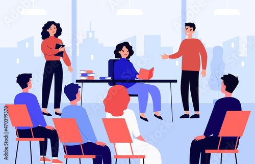 Training or presentation of new book of writer in front of fans. Woman speaking to group of people flat vector illustration. Authorship concept for banner, website design or landing web page