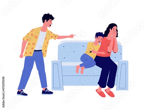 Father yelling at mother with child. Family conflict. Crying woman and boy sit on sofa. Screaming man. Domestic violence. Husband abusive speaks to wife and son. Vector parents quarrelling