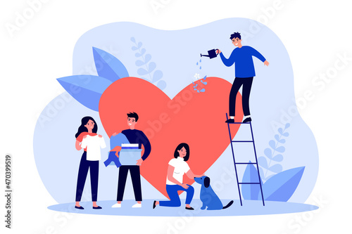Charity and help from community of tiny volunteers. People giving care to big heart flat vector illustration. Voluntary, sponsorship, altruism concept for banner, website design or landing web page
