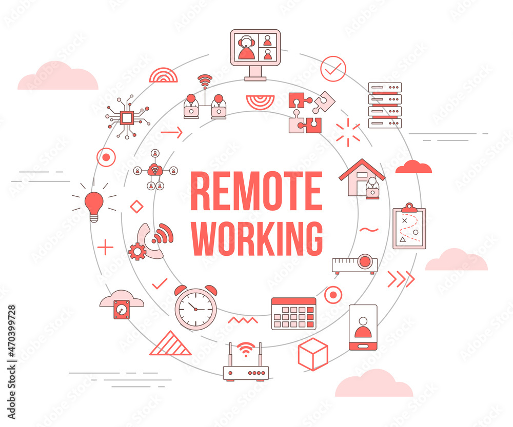 remote working concept with icon set template banner and circle round shape