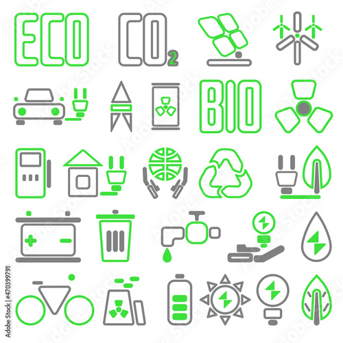 A set of icons on the theme of ecology and bioenergy in a linear style. Alternative energy. Eco-friendly transport and waste recycling isolated vector outline illustration