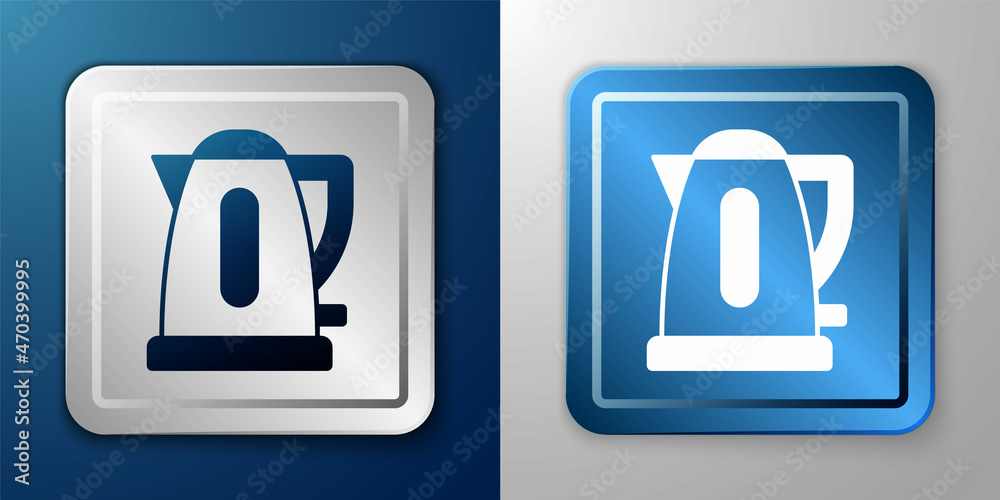 White Electric kettle icon isolated on blue and grey background. Teapot icon. Silver and blue square button. Vector White Electric kettle icon isolated on blue and grey background. Teapot icon. Silver and blue square button. Vector