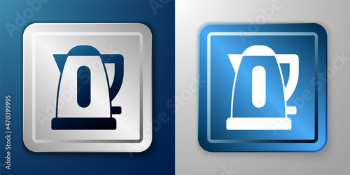 White Electric kettle icon isolated on blue and grey background. Teapot icon. Silver and blue square button. Vector
