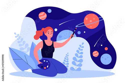 Creative artist painting planets and stars in space. Woman holding brush and paints for creation flat vector illustration. Art studio, agency concept for banner, website design or landing web page