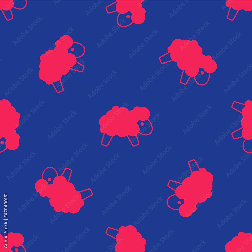 Red Sheep icon isolated seamless pattern on blue background. Counting sheep to fall asleep. Vector