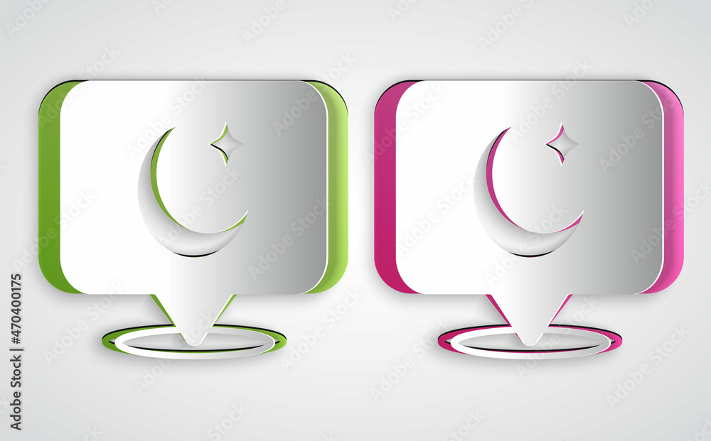 Paper cut Moon and stars icon isolated on grey background. Cloudy night sign. Sleep dreams symbol. Full moon. Night or bed time sign. Paper art style. Vector Paper cut Moon and stars icon isolated on grey background. Cloudy night sign. Sleep dreams symbol. Full moon. Night or bed time sign. Paper art style. Vector