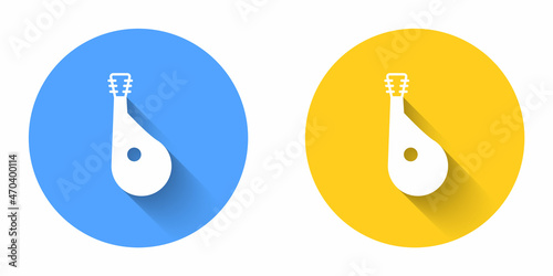 White Ukrainian traditional musical instrument bandura icon isolated with long shadow background. Circle button. Vector