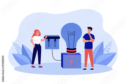 Woman pushing toggle switch, lighting bright light bulb. Tiny persons standing with electric lamp flat vector illustration. Business idea concept for banner, website design or landing web page