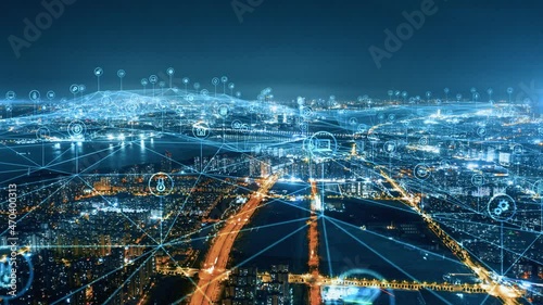 smart Connected city skyline. Futuristic network concept, city Technology.
