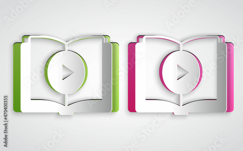 Paper cut Audio book icon isolated on grey background. Play button and book. Audio guide sign. Online learning concept. Paper art style. Vector