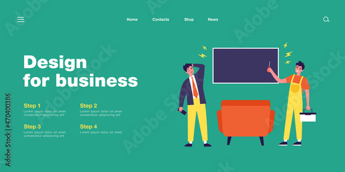 Happy handyman repairing television monitor. Home, screwdriver, repairman flat vector illustration. Service and maintenance concept for banner, website design or landing web page