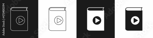 Set Audio book icon isolated on black and white background. Play button and book. Audio guide sign. Online learning concept. Vector