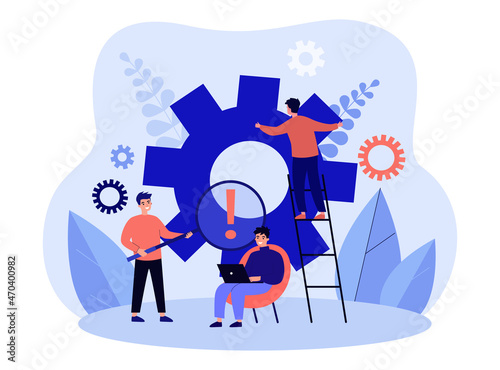 Work of tiny business people with gears. Team of men moving cog wheel, fixing machine together flat vector illustration. Cooperation, challenge concept for banner, website design or landing web page