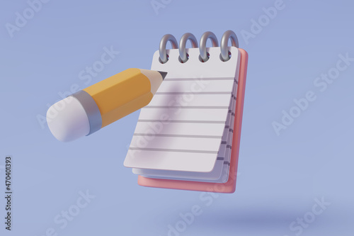 Note book and pencil 3D icon isolated on blue, Remind or checklist and education concept