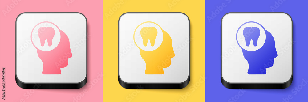Isometric Toothache icon isolated on pink, yellow and blue background. Square button. Vector Isometric Toothache icon isolated on pink, yellow and blue background. Square button. Vector