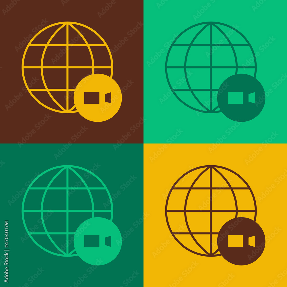 Fototapeta premium Pop art Video chat conference icon isolated on color background. Online meeting work form home. Remote project management. Vector