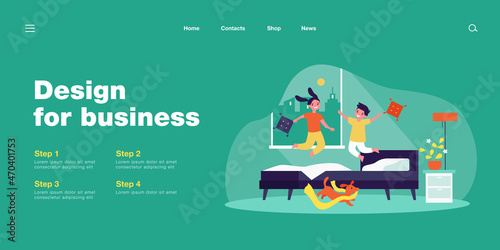 Cartoon children jumping on bed. Flat vector illustration. Kids having fun in pyjamas while jumping and pillow fight with happy dog running around. Family, fun, play, activity, naughtiness concept