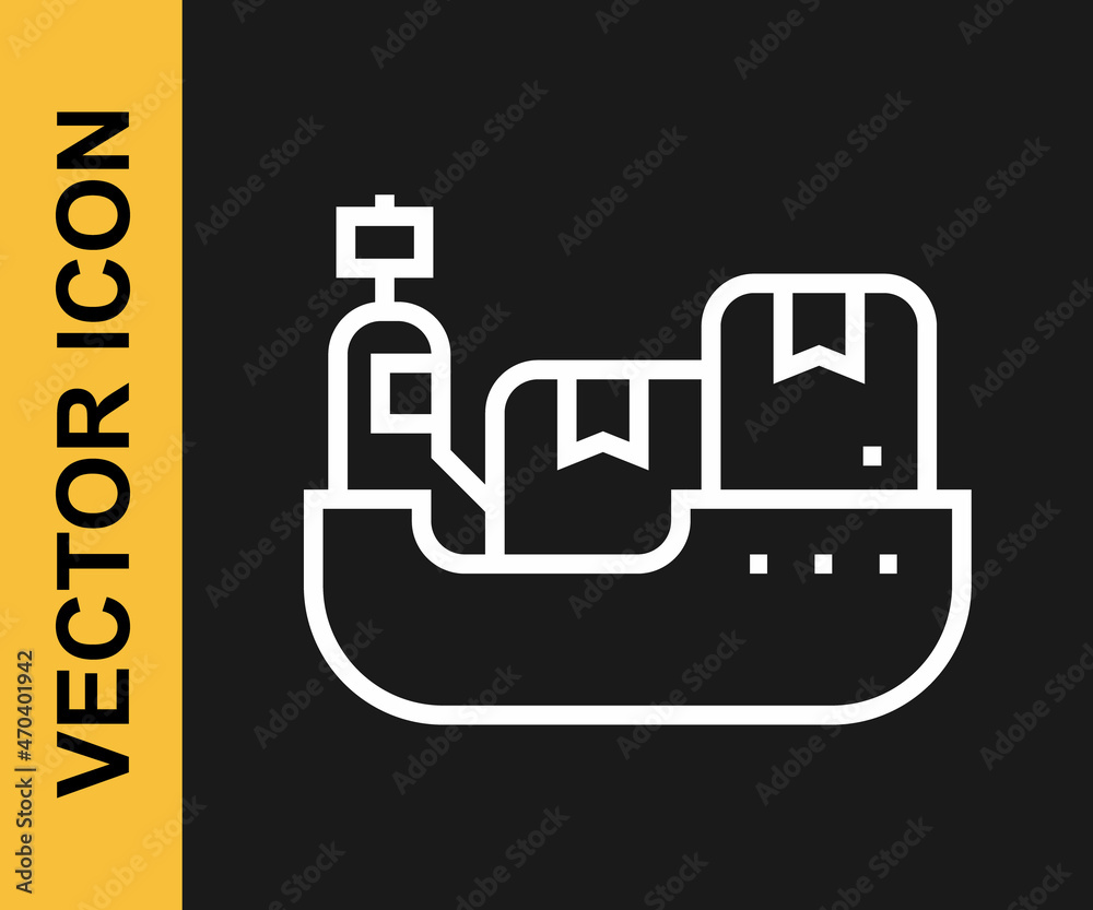 White line Cargo ship with boxes delivery service icon isolated on black background. Delivery, transportation. Freighter with parcels, boxes, goods. Vector White line Cargo ship with boxes delivery service icon isolated on black background. Delivery, transportation. Freighter with parcels, boxes, goods. Vector