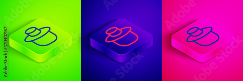 Isometric line Beekeeper with protect hat icon isolated on green, blue and pink background. Special protective uniform. Square button. Vector