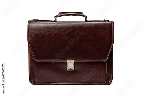 Brown leather briefcase on a white isolated background. Business accessories.