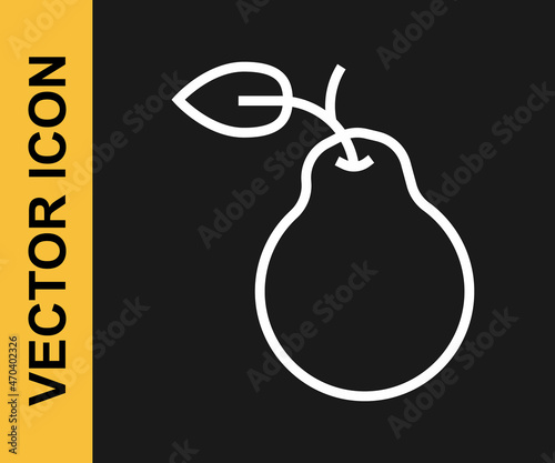 White line Pear icon isolated on black background. Fruit with leaf symbol. Vector