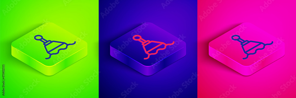 Isometric line Floating buoy on the sea icon isolated on green, blue and pink background. Square button. Vector Isometric line Floating buoy on the sea icon isolated on green, blue and pink background. Square button. Vector