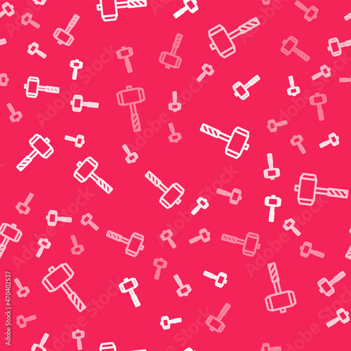 White line Medieval battle hammer icon isolated seamless pattern on red background. Vector