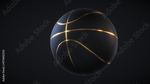 Black basketball ball with golden glowing lines and dimple texture isolated on dark background. Futuristic sports concept. 3d rendering