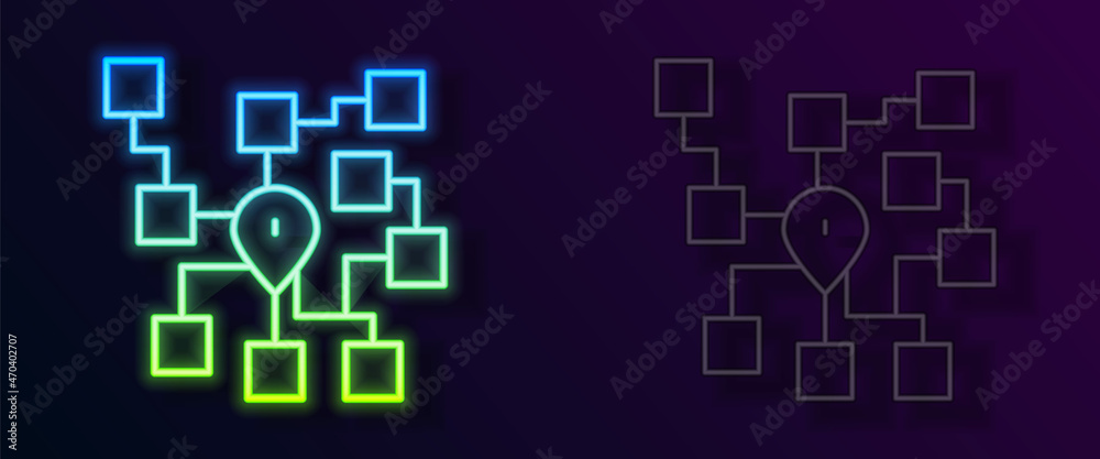 Glowing neon line Neural network icon isolated on black background. Artificial intelligence AI. Vector Glowing neon line Neural network icon isolated on black background. Artificial intelligence AI. Vector