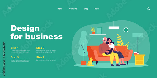 Cartoon grandparents and little grandchild. Flat vector illustration. Grandfather, grandmother sitting on couch, holding little baby in blue blanket with cat beside. Family, grandparents, pet concept