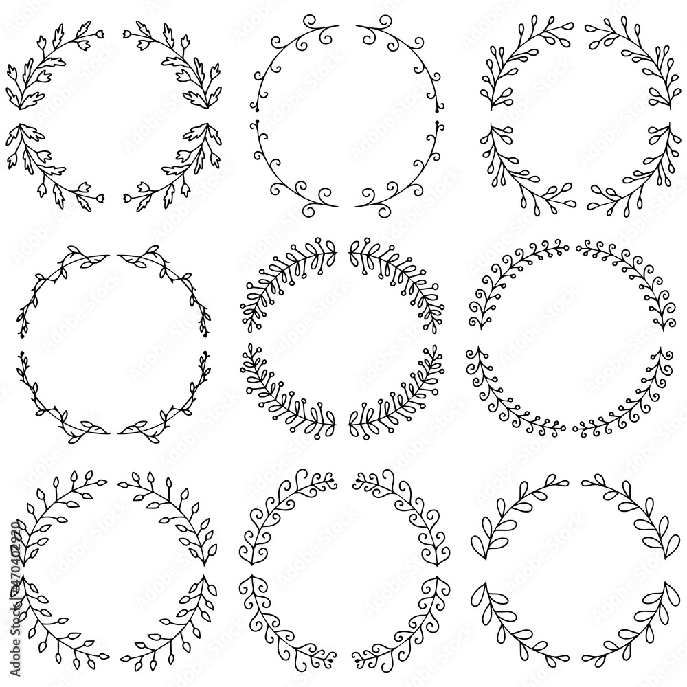 Vector illustration of hand drawn wreaths. Cute doodle floral wreath frame set.