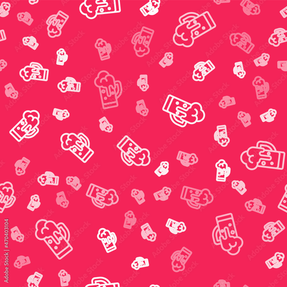 White line Glass of beer icon isolated seamless pattern on red background. Vector White line Glass of beer icon isolated seamless pattern on red background. Vector