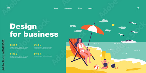 Single mother relaxing on beach with son. Woman sitting on chair, child playing with ball, sand castle flat vector illustration. Vacation, family concept for banner, website design or landing web page