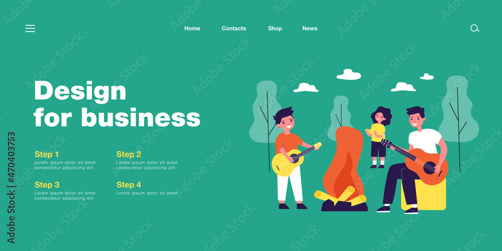 Cartoon children playing guitar in summer camp. Flat vector illustration. Children playing music outdoors, sitting around campfire. Nature, music, hobby, camp concept for banner design or landing page