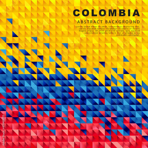 Colombia flag. Abstract background of small triangles in the form of the colorful yellow, blue and red stripes of the Colombian flag.