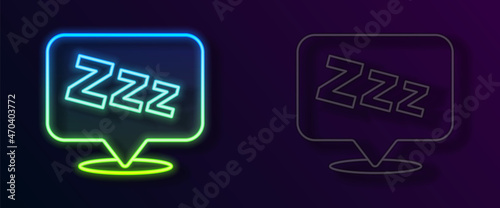 Glowing neon line Sleepy icon isolated on black background. Sleepy zzz talk bubble. Vector