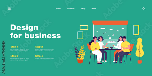 Happy friends on vacation having meal together. Couples chatting at table, motor boat outside window flat vector illustration. Holiday, voyage concept for banner, website design or landing web page