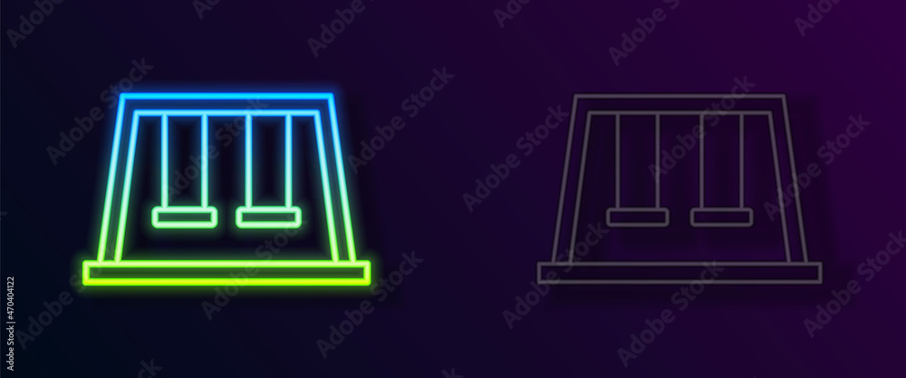 Glowing neon line Swings for kids summer games on playground icon isolated on black background. Outdoor entertainment equipment. Vector Glowing neon line Swings for kids summer games on playground icon isolated on black background. Outdoor entertainment equipment. Vector