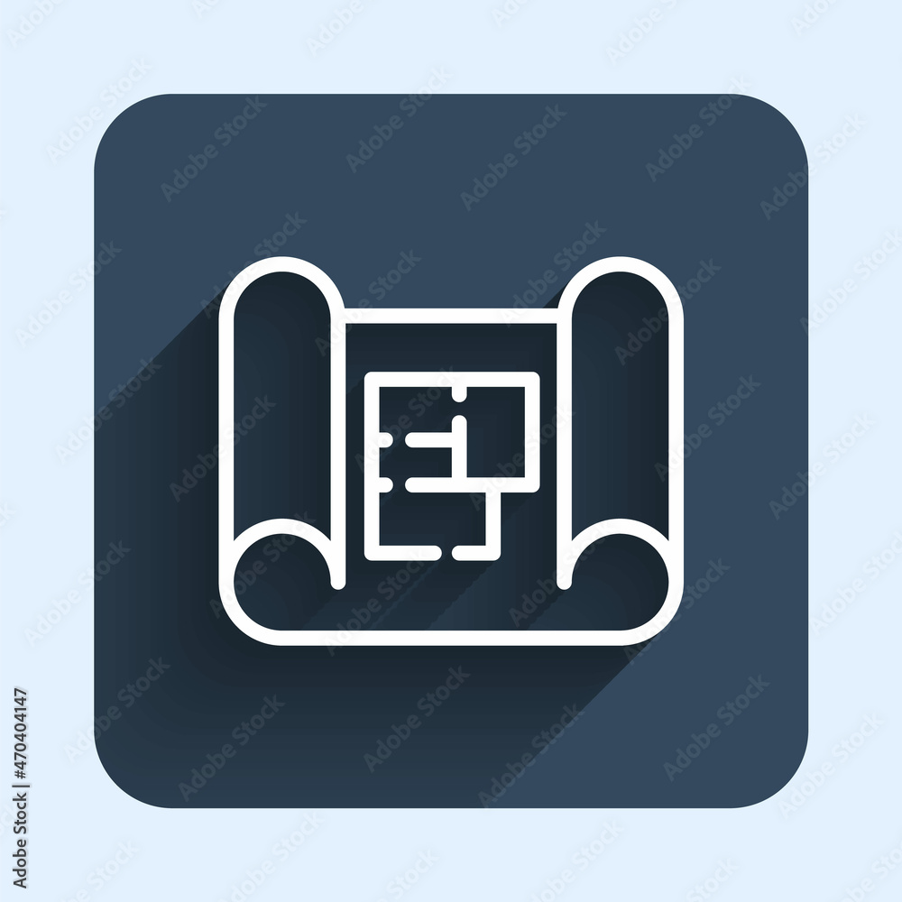 White line House plan icon isolated with long shadow background. Blue square button. Vector White line House plan icon isolated with long shadow background. Blue square button. Vector