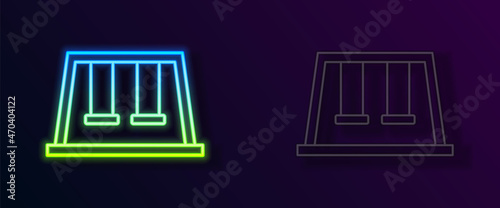 Glowing neon line Swings for kids summer games on playground icon isolated on black background. Outdoor entertainment equipment. Vector