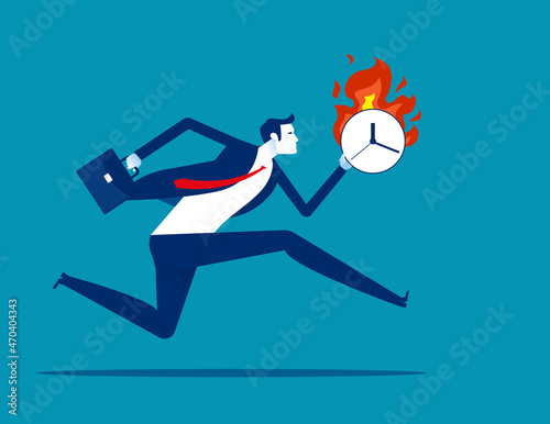 Anxious business character run with burning clock in hands. Business deadline concept
