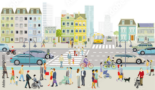 Stadtsilhouette mit Fußgänger auf dem Zebrastreifen und öffentlicher verkehr und Menschen auf dem Bürgersteig, Illustration