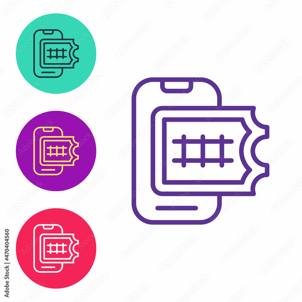 Set line Online ticket booking and buying app interface icon isolated on white background. E-tickets ordering. Electronic train ticket on screen. Set icons colorful. Vector Set line Online ticket booking and buying app interface icon isolated on white background. E-tickets ordering. Electronic train ticket on screen. Set icons colorful. Vector