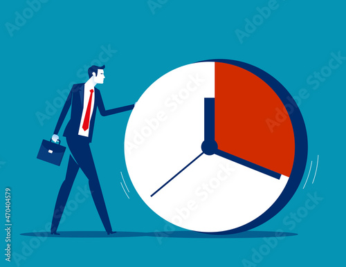 Business person pushing huge clock. Time management vector concept
