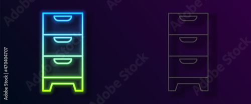 Glowing neon line Chest of drawers icon isolated on black background. Vector