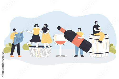 Male and female characters producing wine, holding vine, sitting on barrel and having alcohol drink. Cartoon people in process of natural winemaking flat vector illustration. Organic wine concept