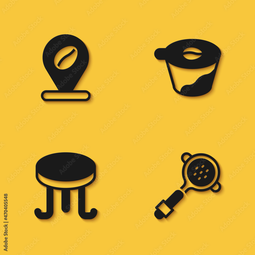 Set Location with coffee bean, Coffee filter holder, table and Pour over maker icon with long shadow. Vector